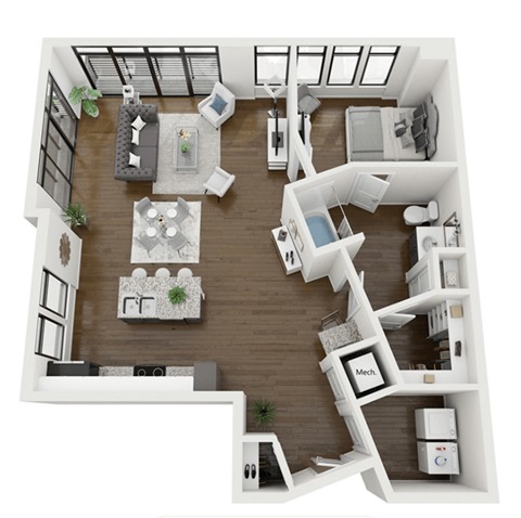 a 3d rendering of our 1 bedroom apartment at the crossings at white marsh apartments in white